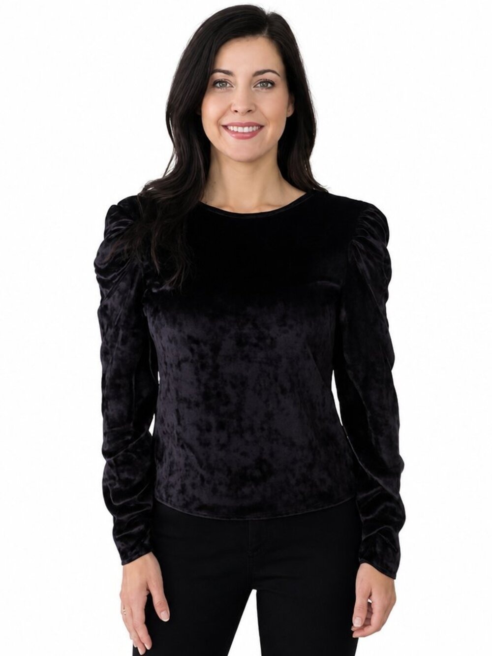 Marc New York Crushed Velvet Black Puff Shoulder Ruched Sleeve Top | Size M